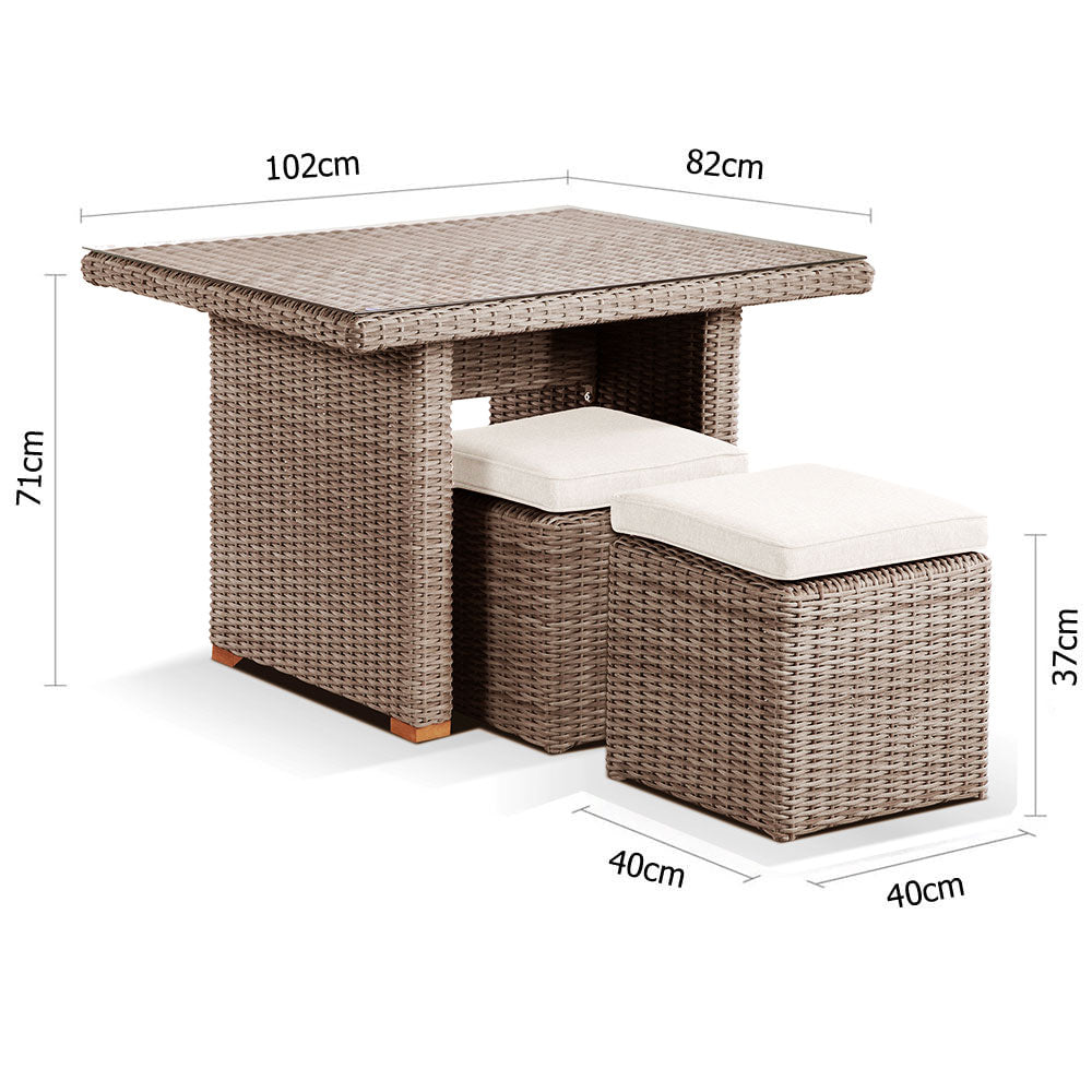 Half Round Wicker Dining Coffee Table with 2 Stowaway Ottomans