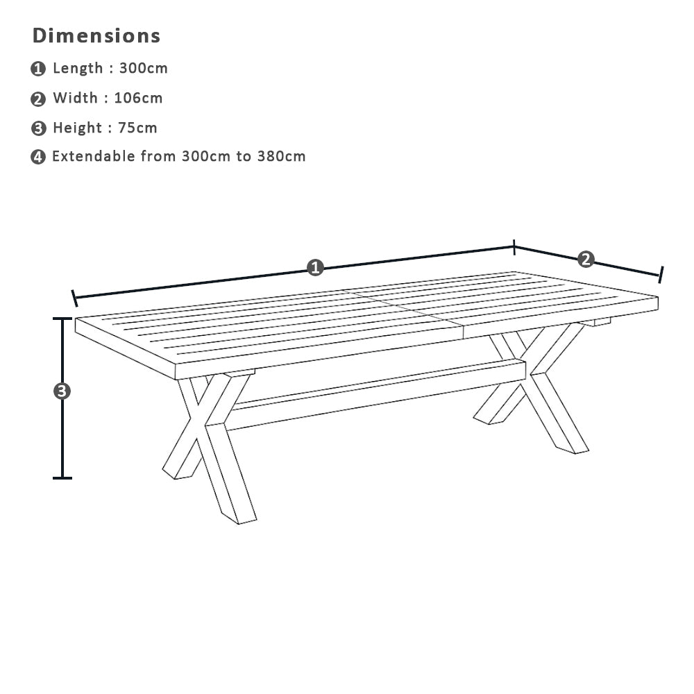 Austin Outdoor 3m-3.8m Extension Dining Table with Light Oak Aluminium Top