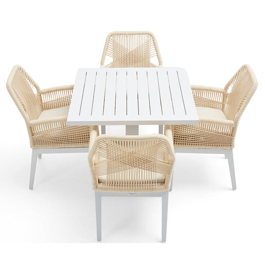 Avoca Outdoor Square Pedestal Aluminium Dining Table with Hugo Rope Chairs