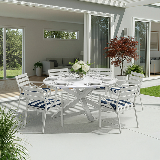Houston Outdoor 1.5m Round Aluminium Dining Setting with 6 Kansas Chairs
