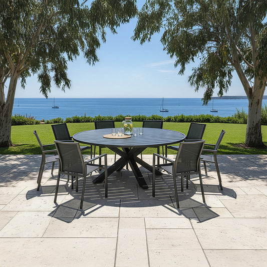 Houston Outdoor 1.8m Round Aluminium Table with 8 Patonga Dining Chairs