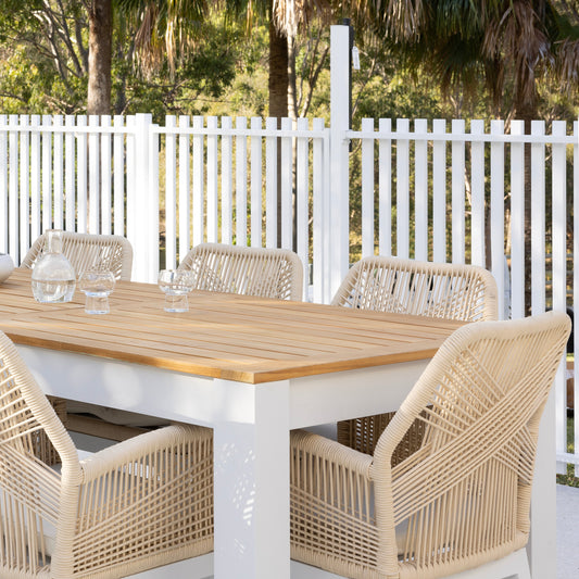 Balmoral 2.5m Outdoor Teak Top Aluminium Table With 8 Hugo Rope Chairs