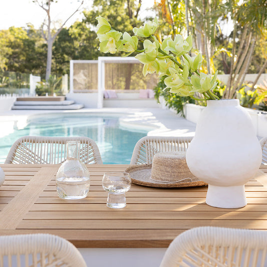 Balmoral 1.8m Outdoor Teak Top Aluminium Table with 6 Hugo Rope Chairs