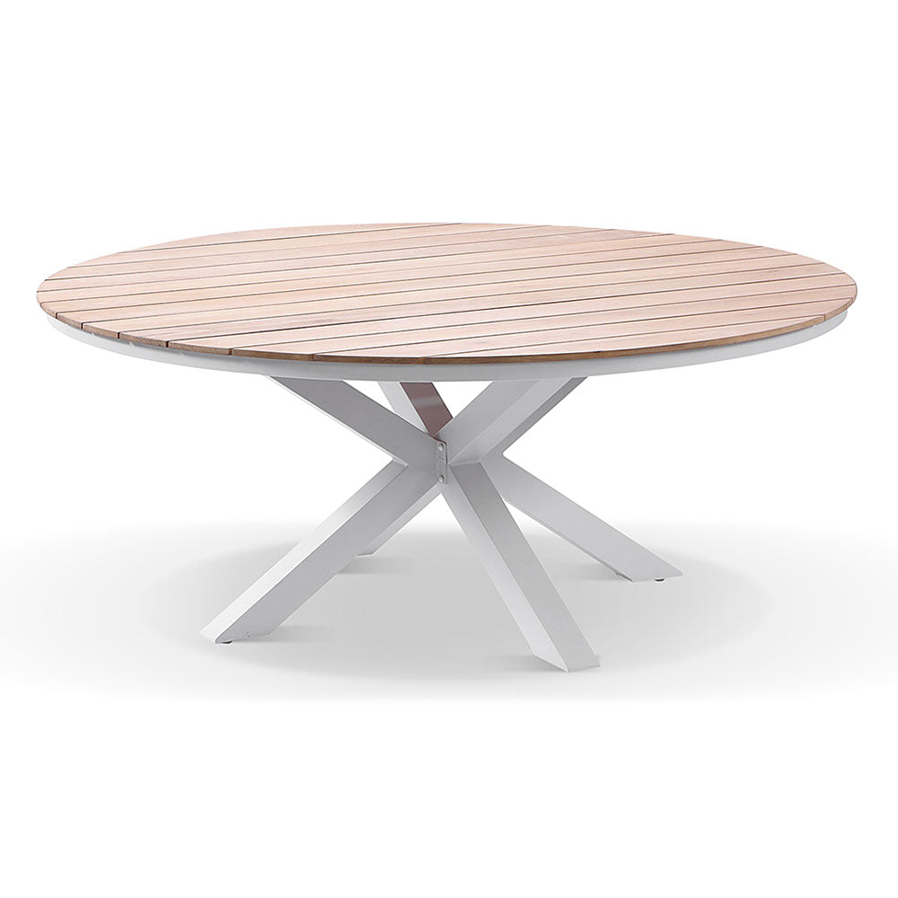 Tuscany Round 1.8m Outdoor Aluminium and Teak Dining Table with 8 Kansas Dining Chairs in Sunbrella