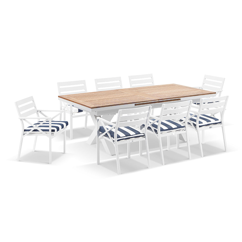 Austin Outdoor 2.2m - 3m Extension Teak and Aluminium Table with 10 Kansas Dining Chairs