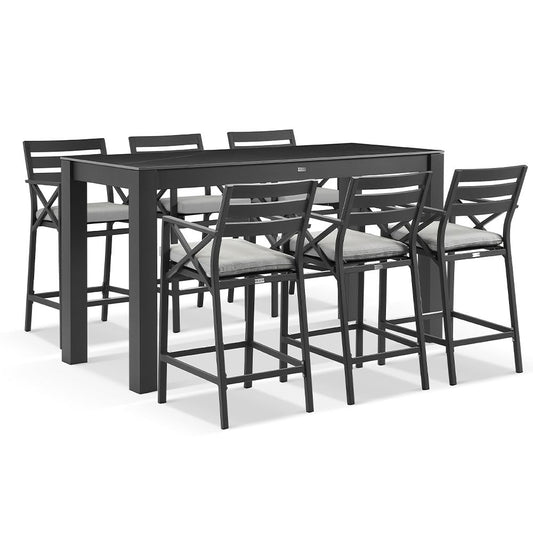 Hugo Outdoor Ceramic 2m Rectangle Aluminium Bar Table with 6x Kansas Bar Stools