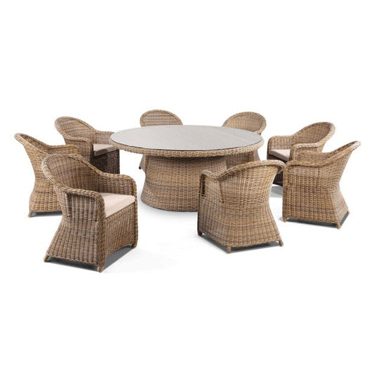 Plantation 8 Seater Outdoor Wicker Round Dining Table and Chairs Setting