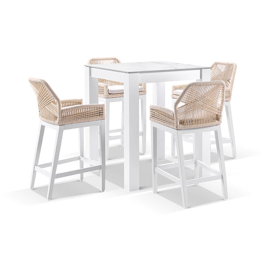 Hugo Ceramic Square Aluminium Bar Table with 4x Hugo Rope Bar Stools