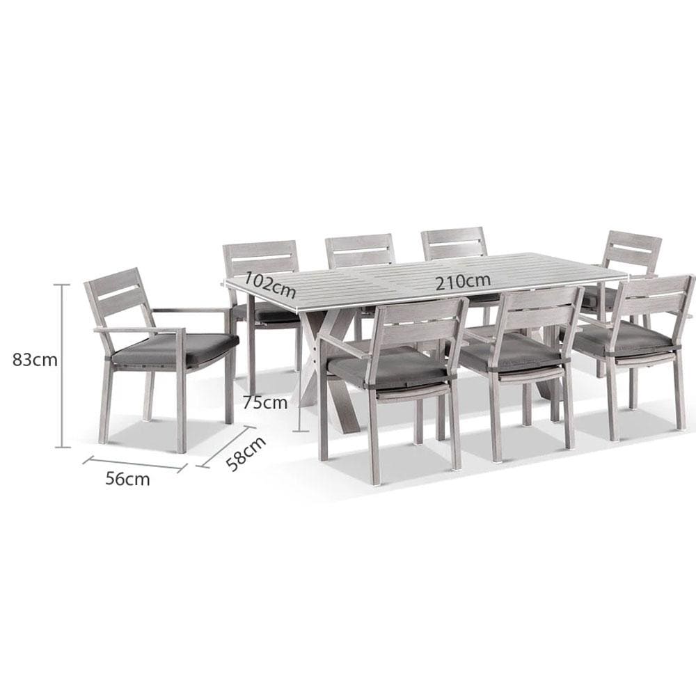 Aged Teak look Tahitian 2.1m Aluminium Dining Setting with Santorini Chairs
