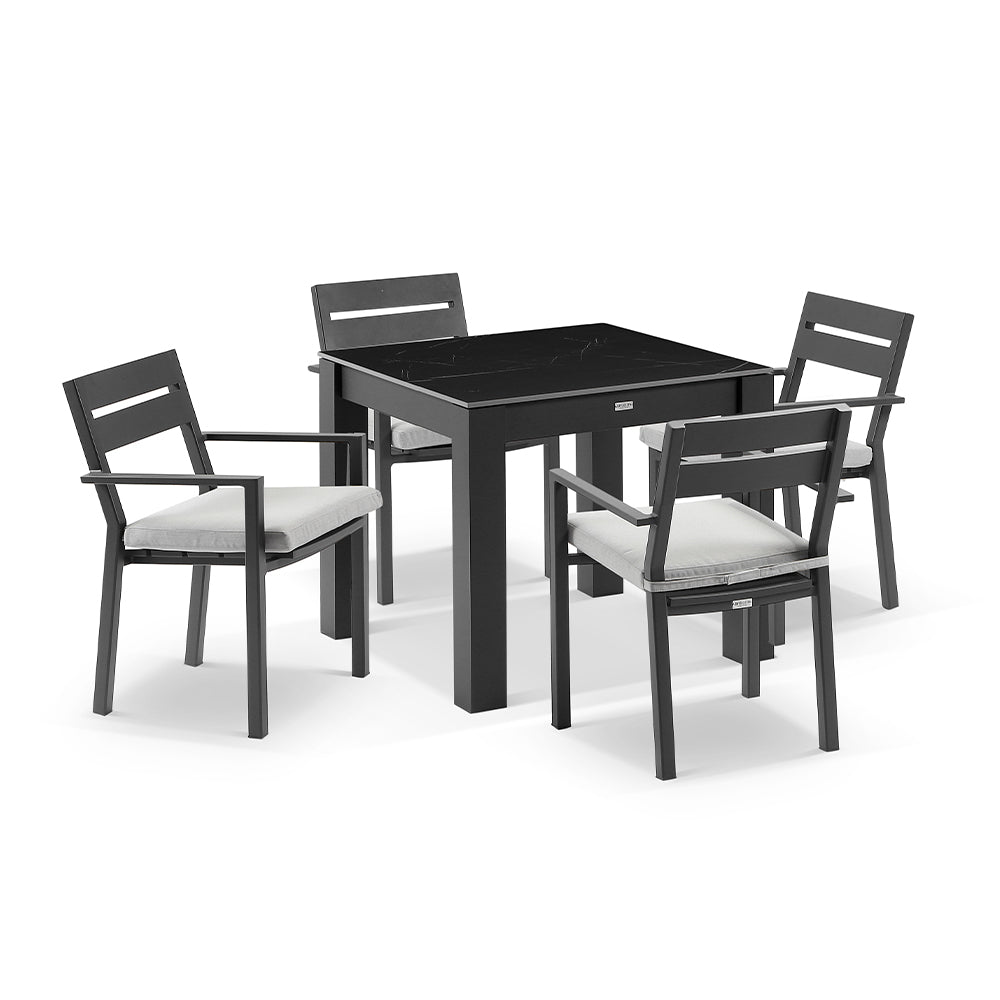 Hugo Outdoor 4 Seater Square Ceramic and Aluminium Dining Table with Santorini Dining Chairs