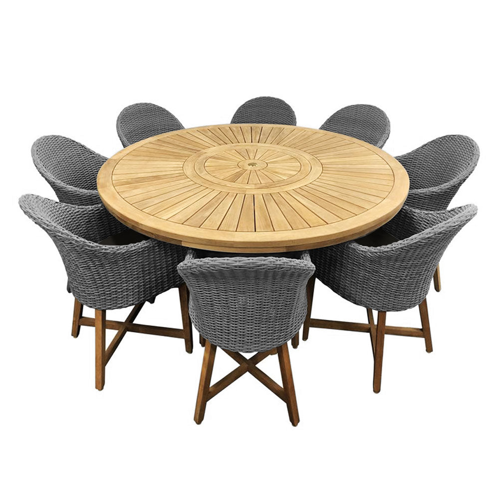 Solomon 1.8m Round Teak Dining Table w/Coastal Wicker Chairs