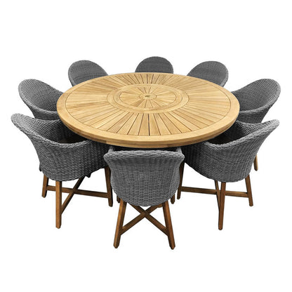 Solomon 1.8m Round Teak Dining Table w/Coastal Wicker Chairs
