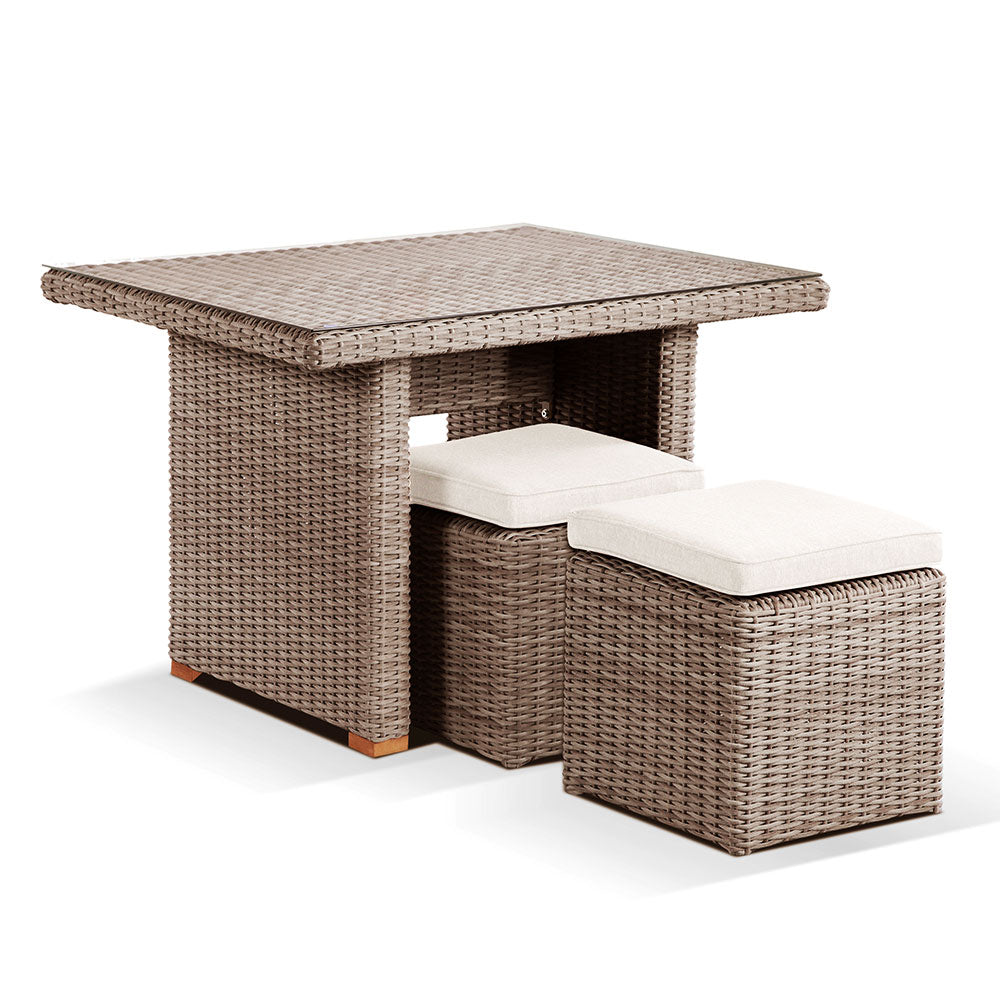 Half Round Wicker Dining Coffee Table with 2 Stowaway Ottomans