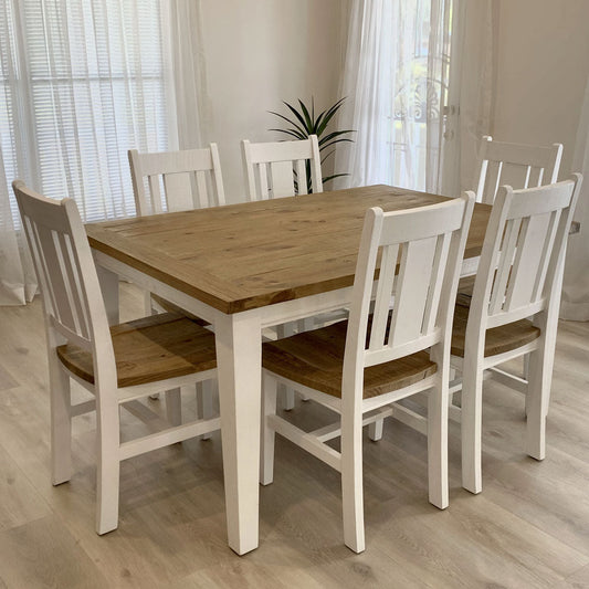Leura Belle Rustic 6 Seater Rectangle Dining Table and Chairs Setting