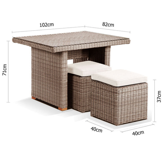 Half Round Wicker Dining Coffee Table with 2 Stowaway Ottomans