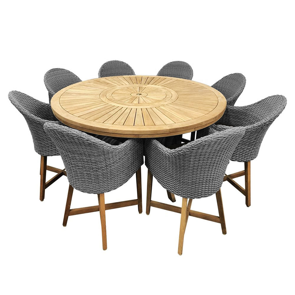 Solomon 1.8m Round Teak Dining Table w/Coastal Wicker Chairs