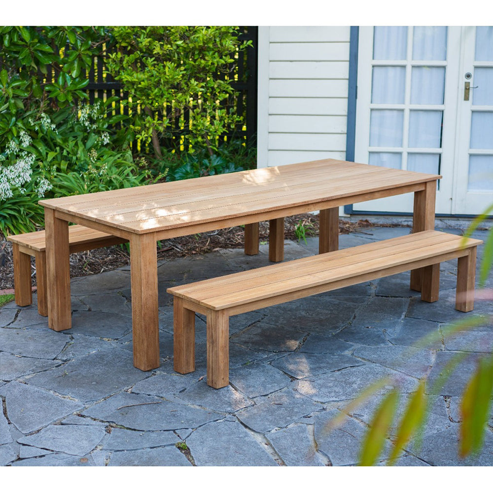 Barbados Outdoor Teak 2.4m Rectangle Table with 2 Bench Seats FSC Certified Teak Timber
