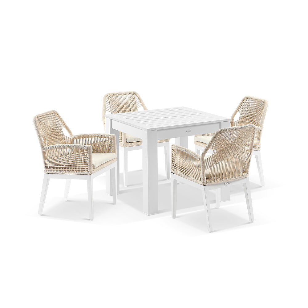Santorini Outdoor 4 Seater Square Aluminium Dining Table with Hugo Rope Chairs