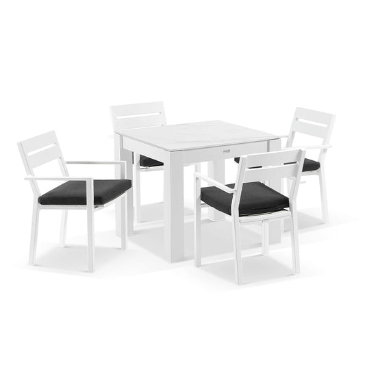 Hugo Outdoor 4 Seater Square Ceramic and Aluminium Dining Table with Santorini Dining Chairs