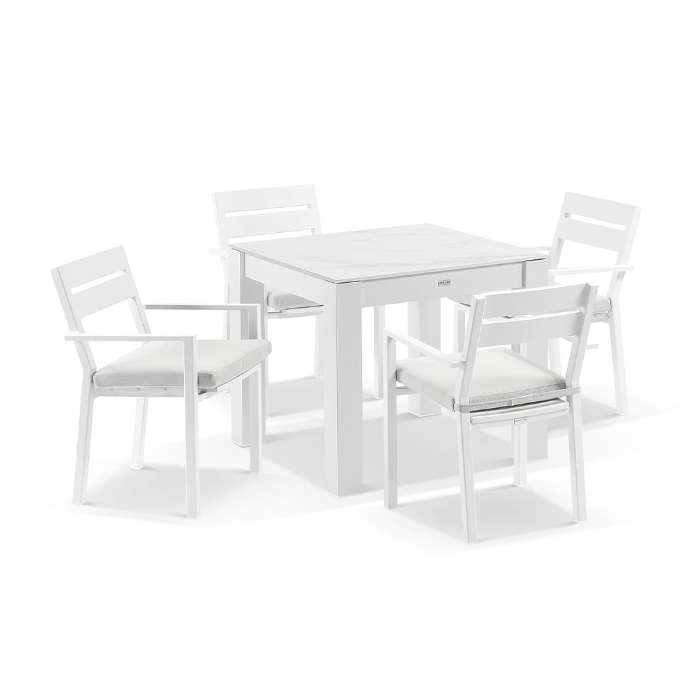 Hugo Outdoor 4 Seater Square Ceramic and Aluminium Dining Table with Santorini Dining Chairs