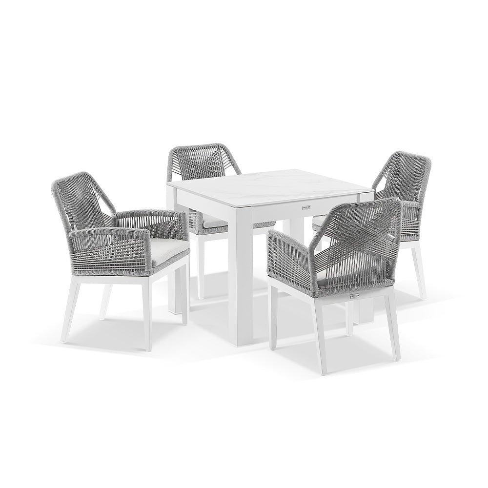 Hugo Outdoor 4 Seater Square Ceramic Top Dining Table with Hugo Rope Dining Chairs