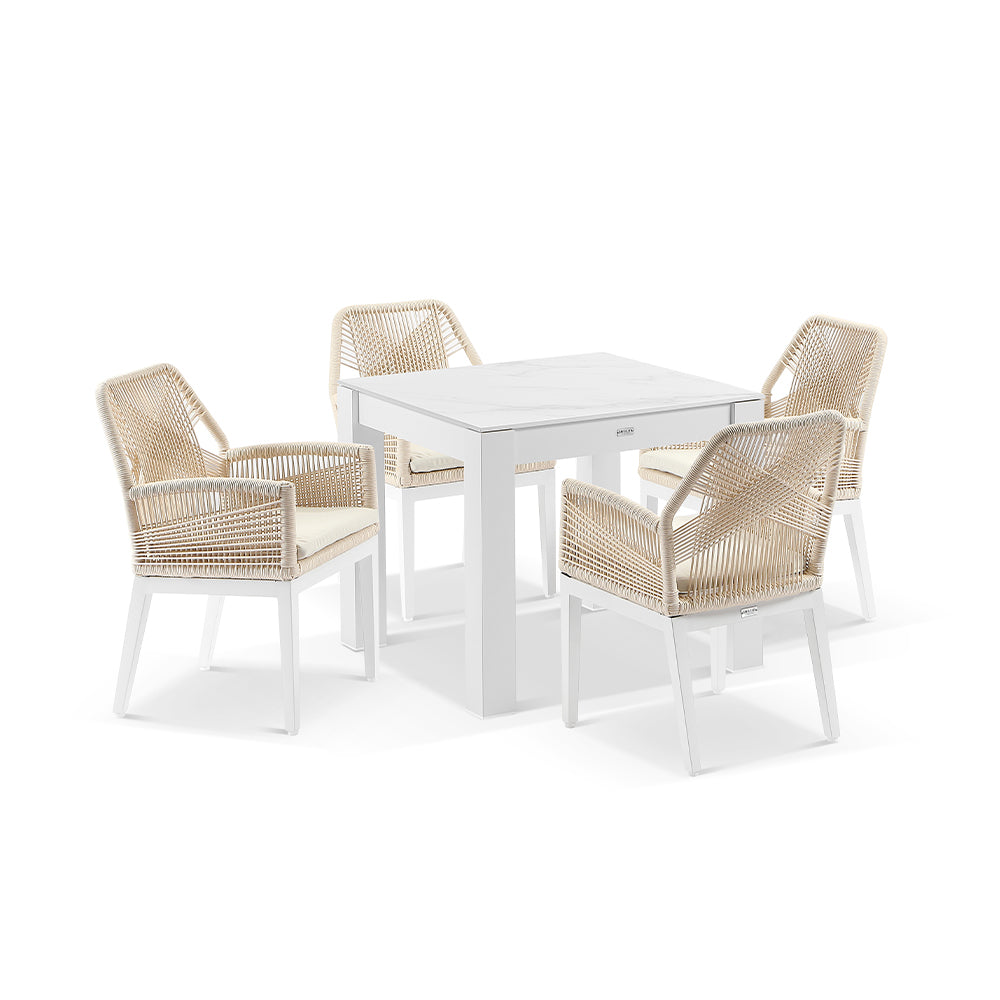 Hugo Outdoor 4 Seater Square Ceramic Top Dining Table with Hugo Rope Dining Chairs