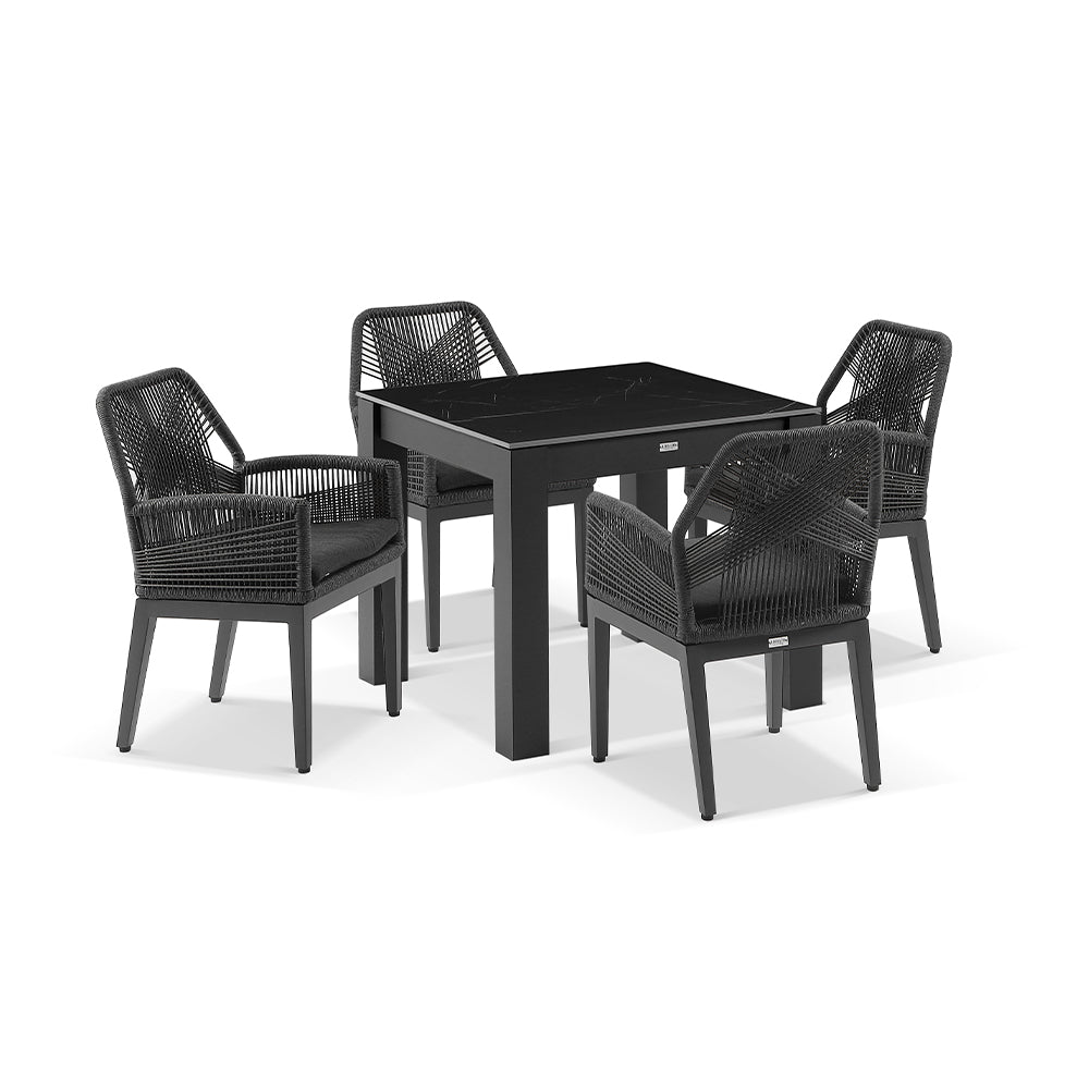 Hugo Outdoor 4 Seater Square Ceramic Top Dining Table with Hugo Rope Dining Chairs
