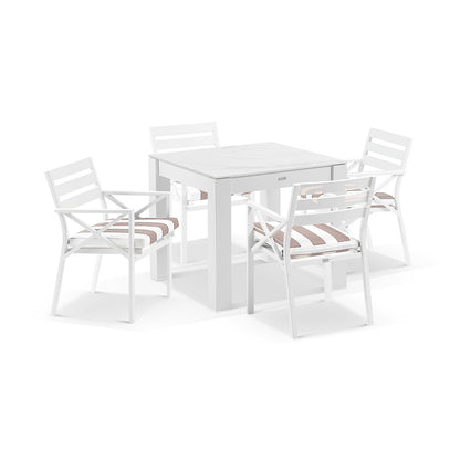 Hugo Outdoor 4 Seater Square Ceramic and Aluminium Dining Table with Kansas Chairs in Sunbrella