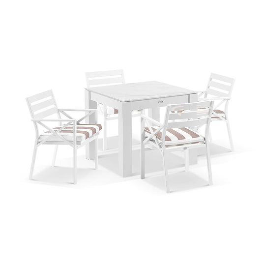 Hugo Outdoor 4 Seater Square Ceramic and Aluminium Dining Table with Kansas Chairs in Sunbrella
