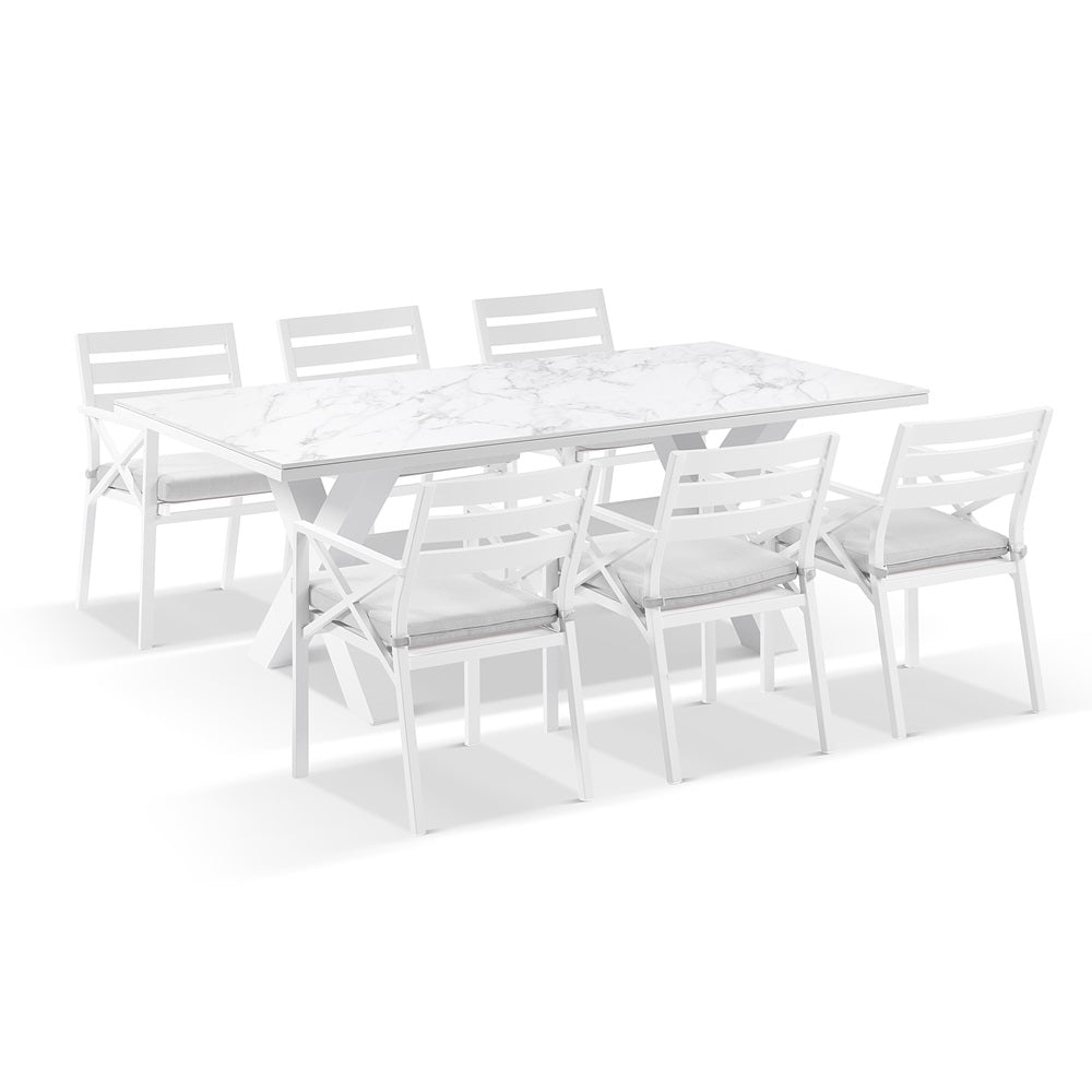 Kansas Outdoor Ceramic 2m Aluminium Dining Table with 8 Chairs Setting