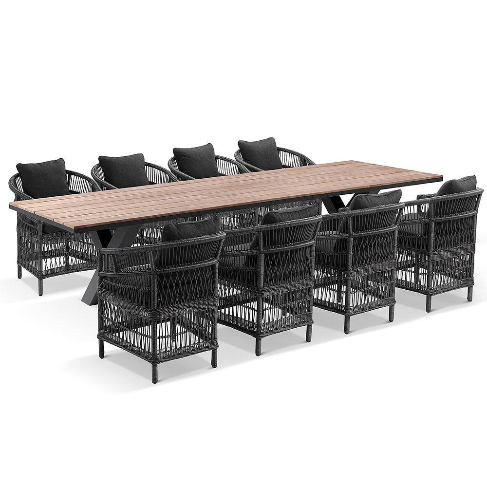 Kansas 3m Outdoor Teak Timber and Aluminium Dining Table with 10 Watego Malawi Style Wicker Chairs