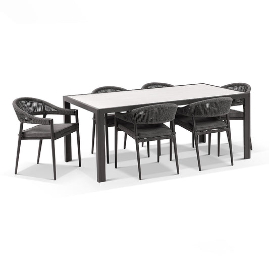 Alpine Outdoor Aluminium & Ceramic Table with 6 Finley Rope Stackable Chairs