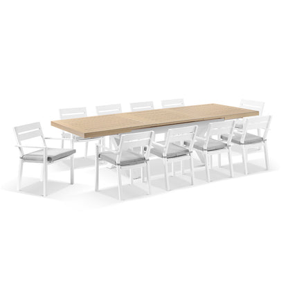 Austin Outdoor 2.2m-3m Extension Dining Set with Light Oak Aluminium and 10 Santorini Chairs