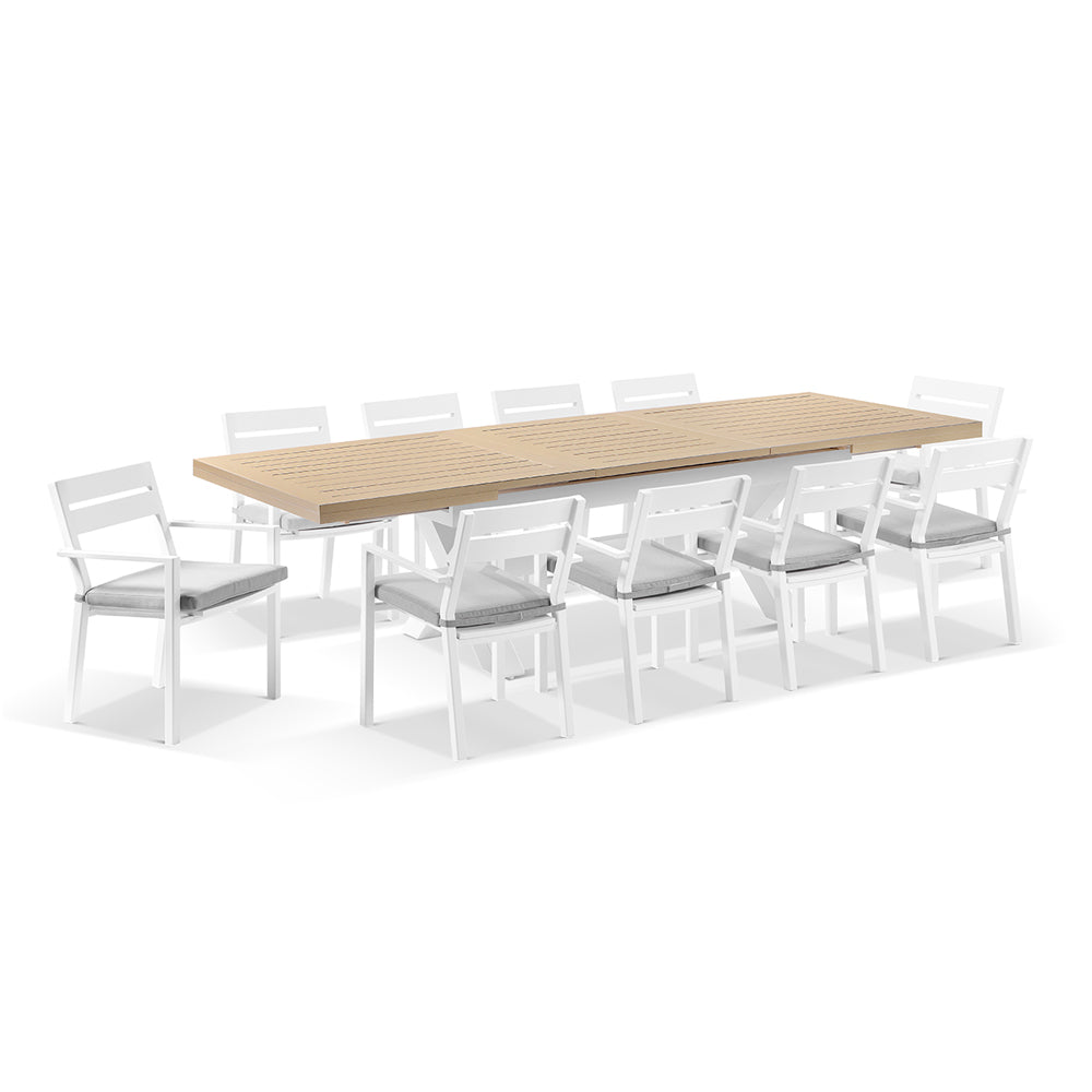 Austin Outdoor 2.2m-3m Extension Dining Set with Light Oak Aluminium and 10 Santorini Chairs