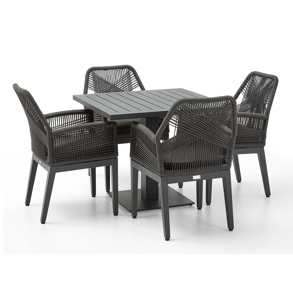 Avoca Outdoor Square Pedestal Aluminium Dining Table with Hugo Rope Chairs