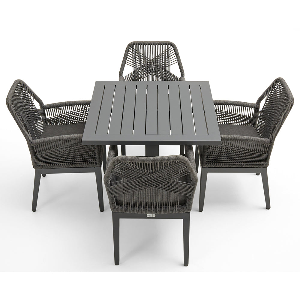 Avoca Outdoor Square Pedestal Aluminium Dining Table with Hugo Rope Chairs