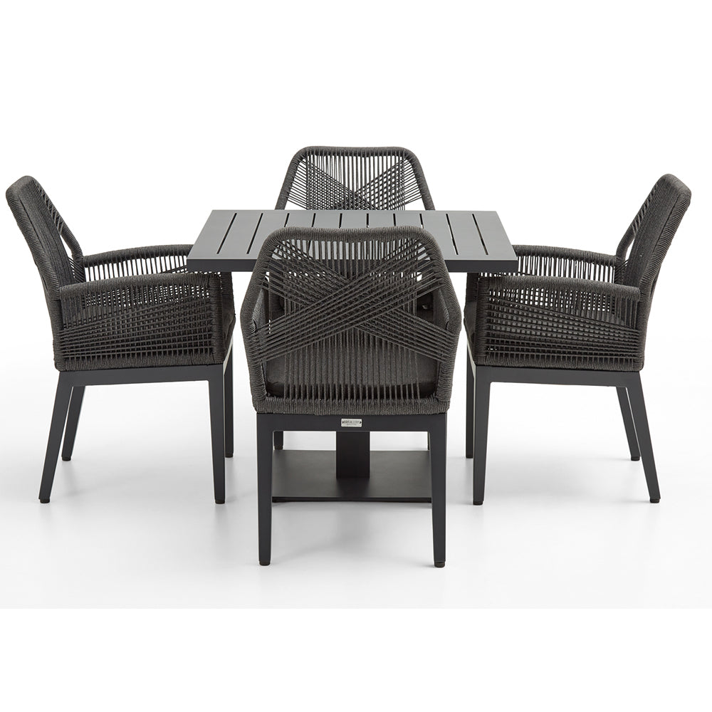 Avoca Outdoor Square Pedestal Aluminium Dining Table with Hugo Rope Chairs