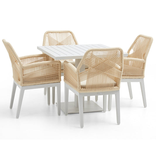 Avoca Outdoor Square Pedestal Aluminium Dining Table with Hugo Rope Chairs