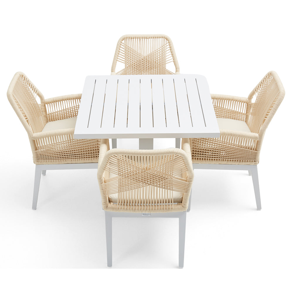 Avoca Outdoor Square Pedestal Aluminium Dining Table with Hugo Rope Chairs