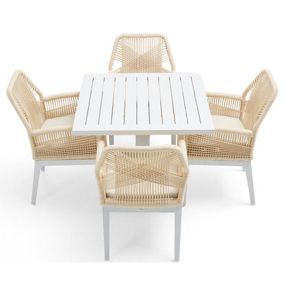 Avoca Outdoor Square Pedestal Aluminium Dining Table with Hugo Rope Chairs