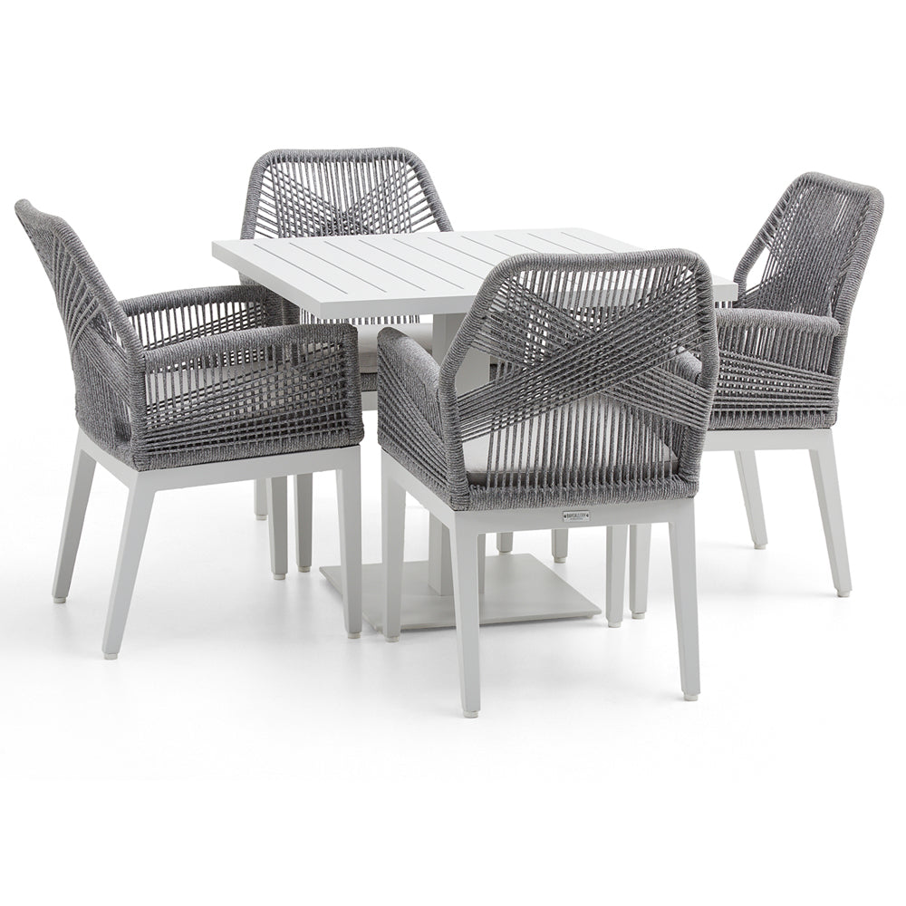 Avoca Outdoor Square Pedestal Aluminium Dining Table with Hugo Rope Chairs