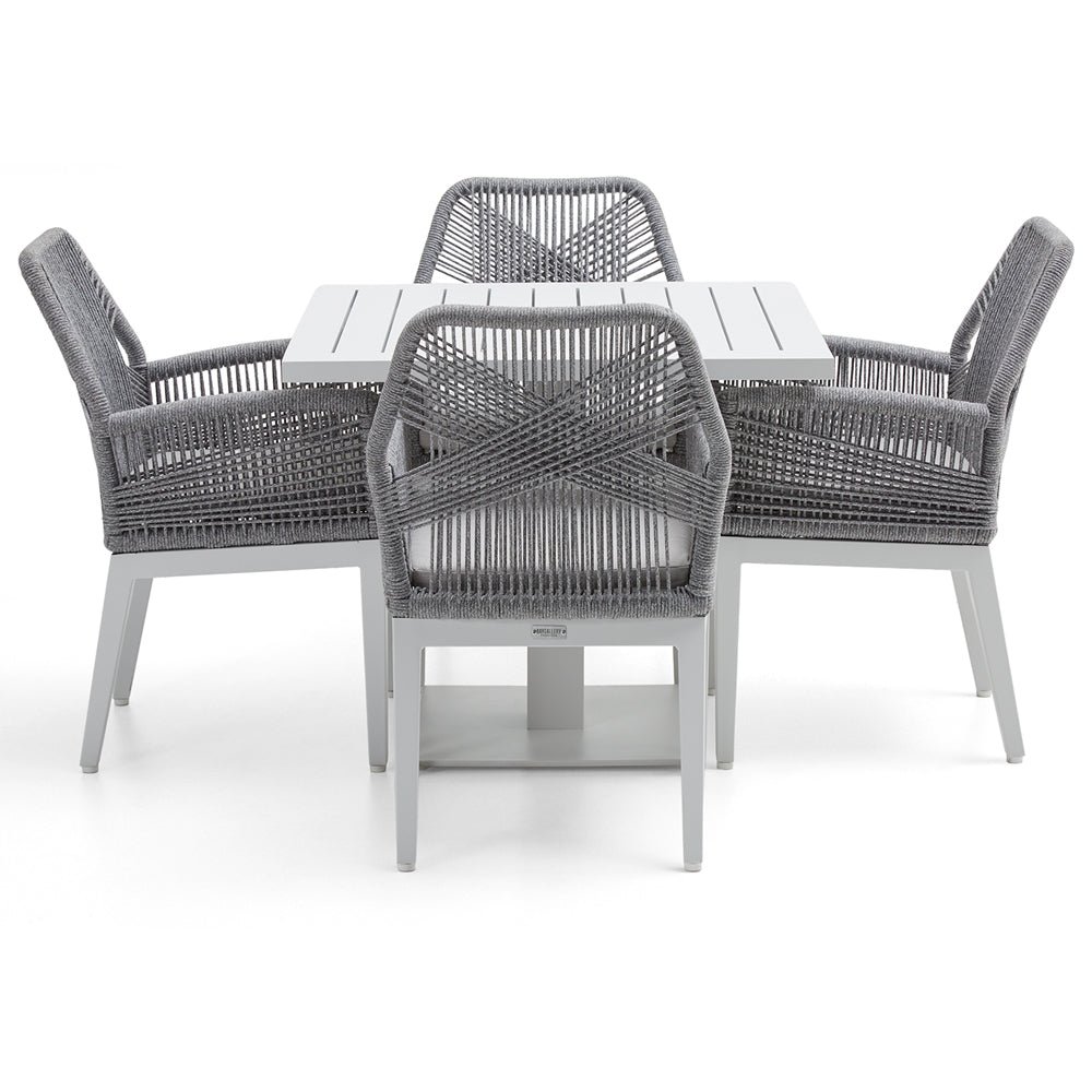 Avoca Outdoor Square Pedestal Aluminium Dining Table with Hugo Rope Chairs