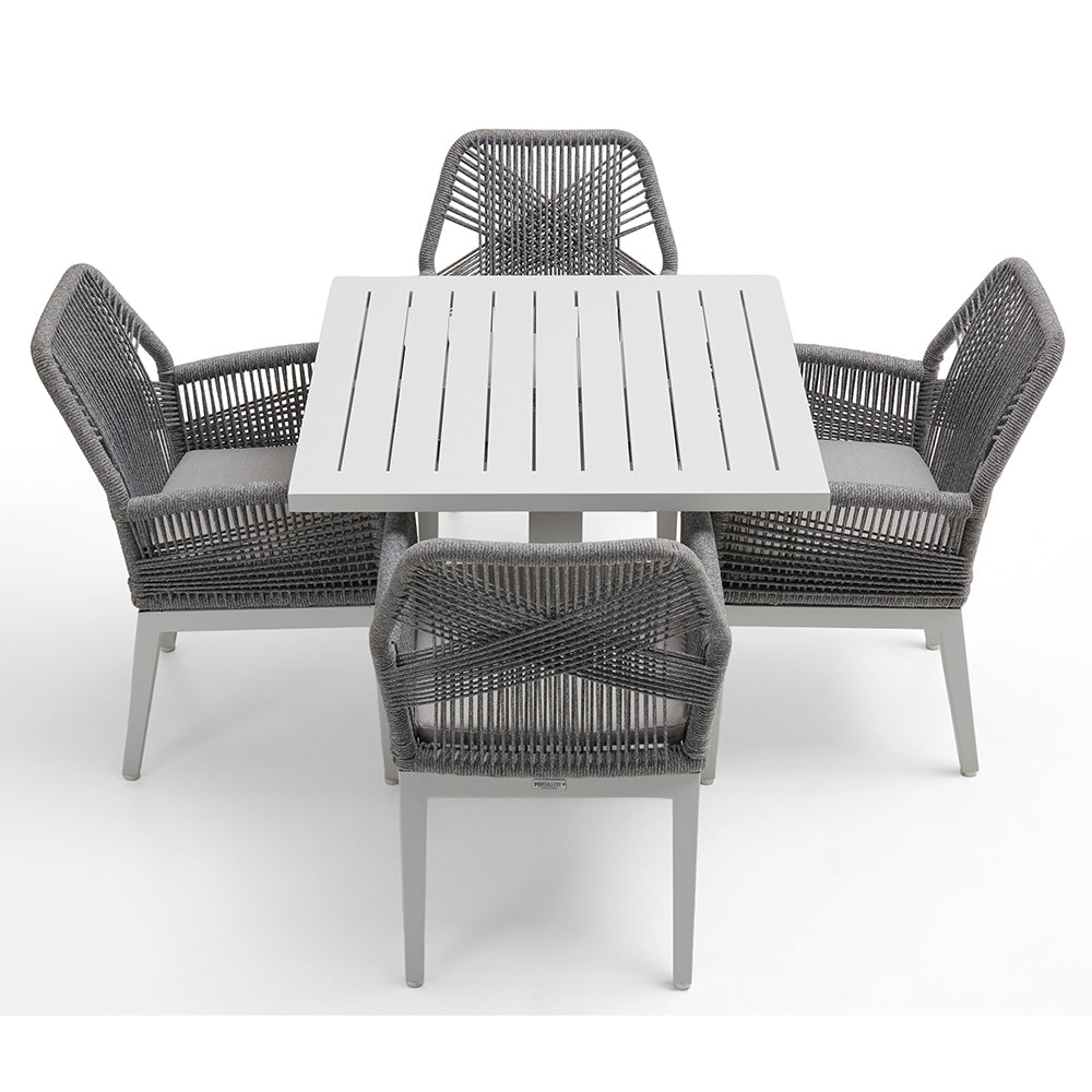 Avoca Outdoor Square Pedestal Aluminium Dining Table with Hugo Rope Chairs