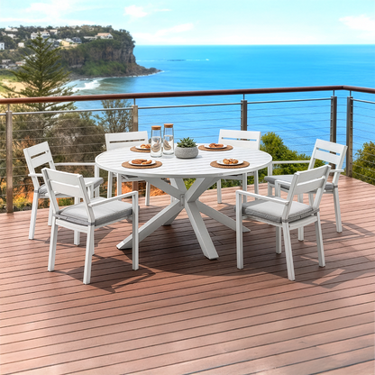 Houston Outdoor 1.5m Round Aluminium Dining Setting with 6 Santorini Chairs