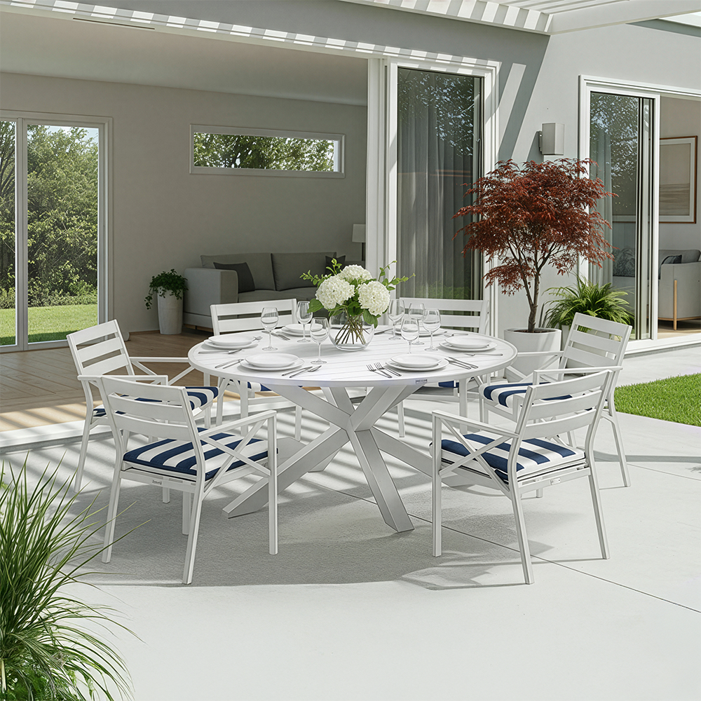 Houston Outdoor 1.5m Round Aluminium Dining Setting with 6 Kansas Chairs