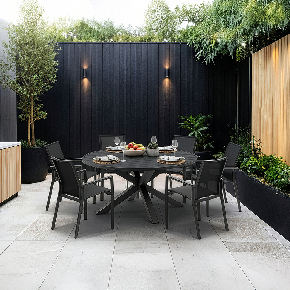 Houston Outdoor 1.5m Round Aluminium Table with 6 Patonga Dining Chairs