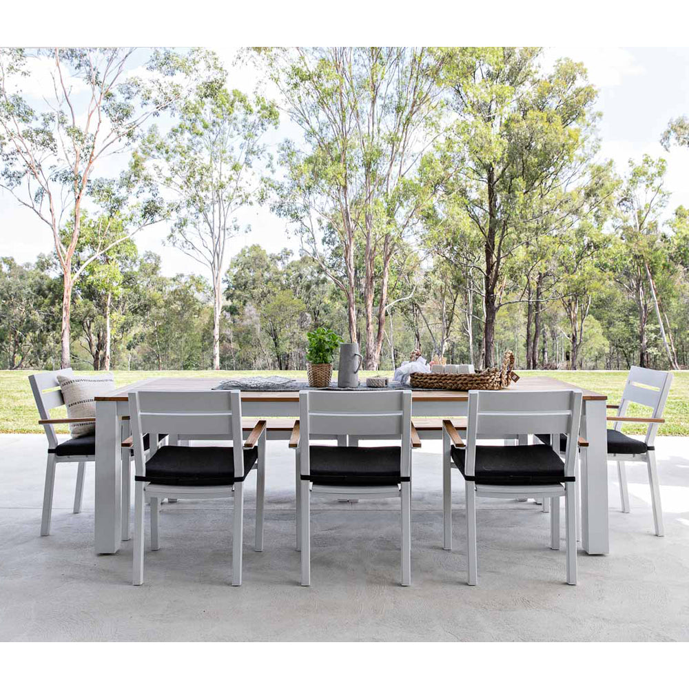 Balmoral 2.5m Teak Top Aluminium Table with 2 Bench Seats and 5 Chairs