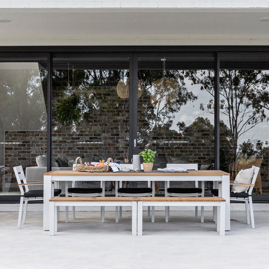 Balmoral 2.5m Teak Top Aluminium Table with 2 Bench Seats and 5 Chairs