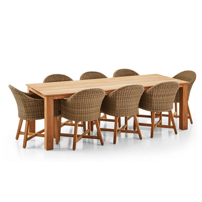 Barbados Outdoor Teak 2.4m Rectangle Dining Table With 8 Coastal Wicker Chairs