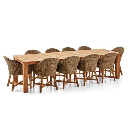 Barbados Outdoor Teak 3m Rectangle Dining table with 10 Coastal Wicker Chairs